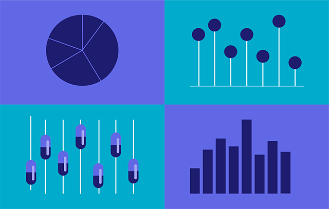 illustration of abstract charts on a background grid of teal and violet 