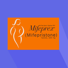 An orange box of Mifepristone with a violet background